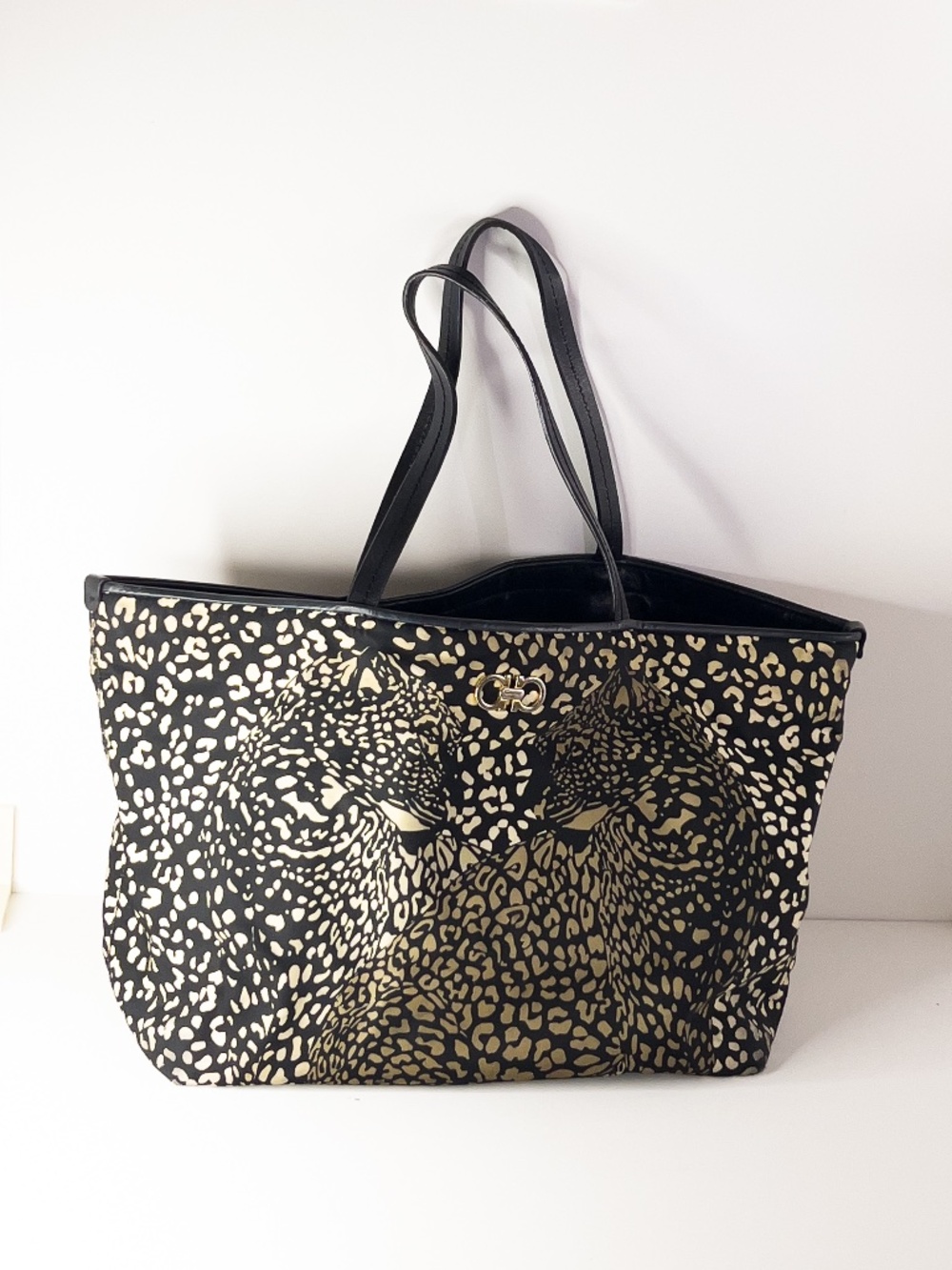 Pre-Loved Ferragamo Nylon Leopard Print Double Gancini Tote